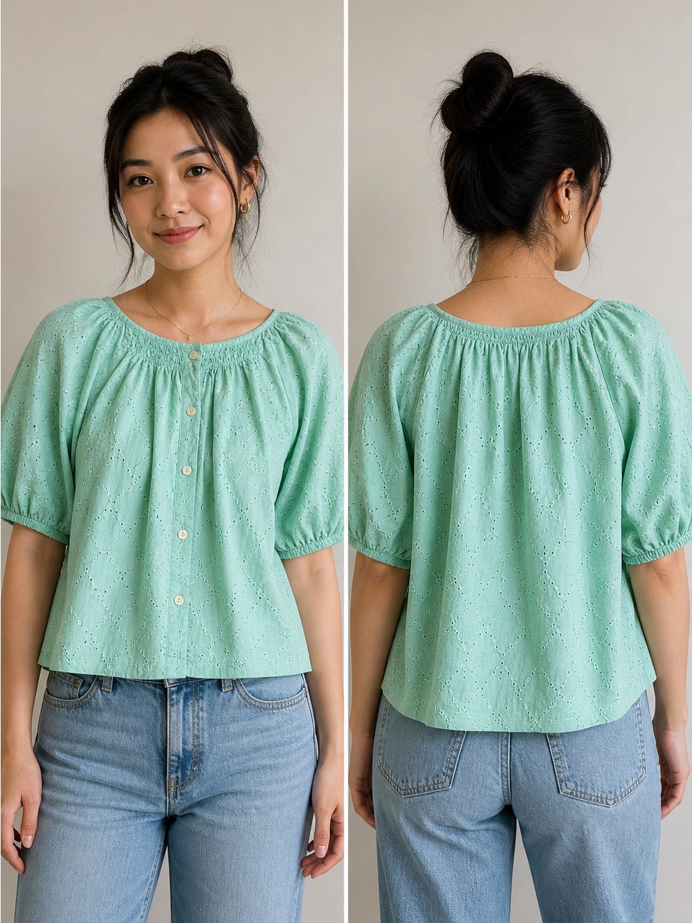On 34th Top Large Cotton Eyelet Puff Sleeve Button Front Boho Mint Made in India